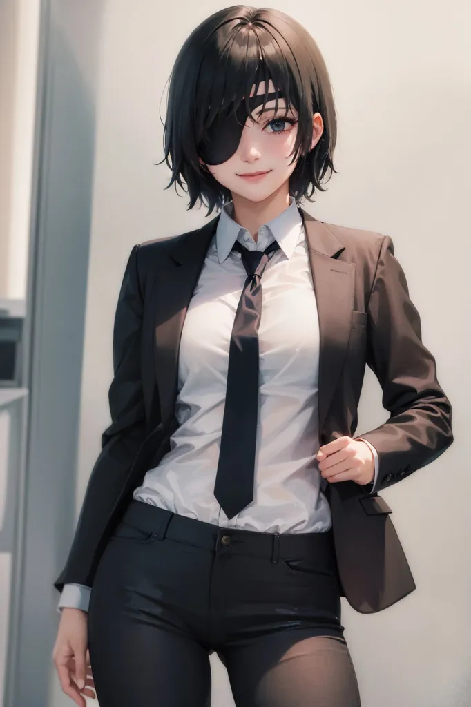 The image is of a young woman with short black hair and an eyepatch over her right eye. She is wearing a white dress shirt, black suit jacket, and black pants. She is standing with her left hand on her hip and her right hand holding her suit jacket. She has a confident expression on her face.