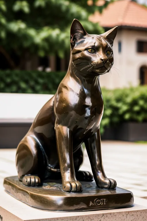 A imagem mostra uma escultura de bronze de um gato sentado em um pedestal de pedra baixo. O gato é do tamanho natural, com pelo curto e uma cauda longa. Ele está sentado ereto com as patas dianteiras descansando à sua frente. Suas orelhas estão empinadas e seus olhos estão olhando para a esquerda. A escultura é assinada \