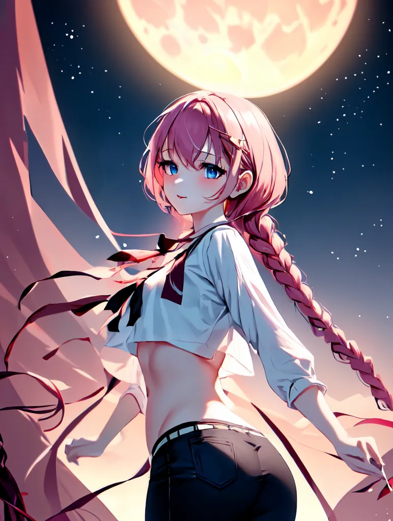 The image is of a young woman with pink hair and blue eyes. She is wearing a white shirt, black pants, and a pink bow. She is standing in front of a full moon. The background is a starry night sky. The woman is smiling and has her eyes closed. She is standing with her arms outstretched.