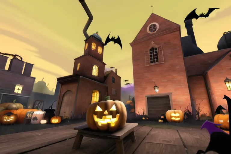 The image is a cartoon-style illustration of a Halloween-themed town. The town is made up of a few buildings, including a church, a house, and a factory. The buildings are all made of brick and have pumpkins and bats on them. The church has a clock tower with a bat on it. The factory has a large smokestack with bats flying around it. There is a pumpkin sitting on a table in the center of the town. The background of the image is a yellow sky with bats flying in it.