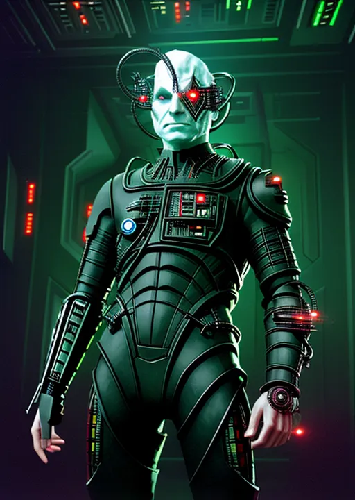 A imagem mostra um drone Borg. É uma espécie humanóide que foi assimilada pelo Coletivo Borg. Os Borg são uma raça cibernética dedicada a assimilar todas as outras espécies em seu coletivo. O drone está vestindo um traje preto e verde coberto de tecnologia Borg. O traje possui várias luzes e displays. A cabeça do drone é calva e possui vários implantes. Os olhos do drone são vermelhos e estão brilhando. O drone está em uma sala escura iluminada por luzes verdes.