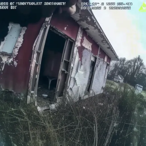 L'image montre une maison abandonnée avec un grand trou dans la porte d'entrée. La maison est en bois et est peinte en rouge. Les fenêtres sont barricadées et le toit s'est effondré. Il y a un arbre devant la maison et de l'herbe haute qui pousse autour. L'image est prise à partir d'une caméra-piéton de la police.