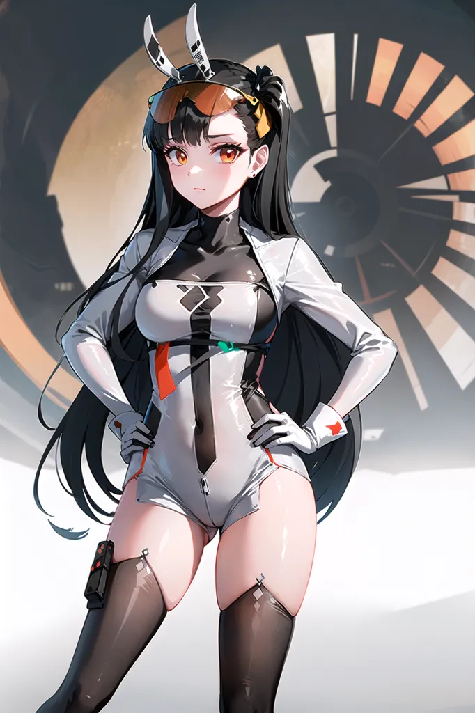 The image is an anime-style illustration of a young woman. She is wearing a white and black bodysuit with orange accents and has long black hair and orange eyes. She is also wearing a pair of goggles on her head and has a confident expression on her face. She is standing in front of a large engine, which suggests that she is in some kind of industrial setting.