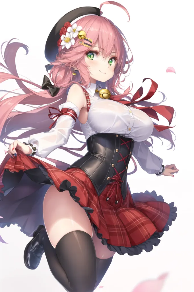 The image is an anime-style drawing of a young woman with pink hair and green eyes. She is wearing a white blouse, a black corset, and a red and black pleated skirt. She is also wearing a black hat with a pink flower on it. The woman is standing with her left leg in front of her right leg, and she has a playful smile on her face. She is surrounded by pink flower petals.