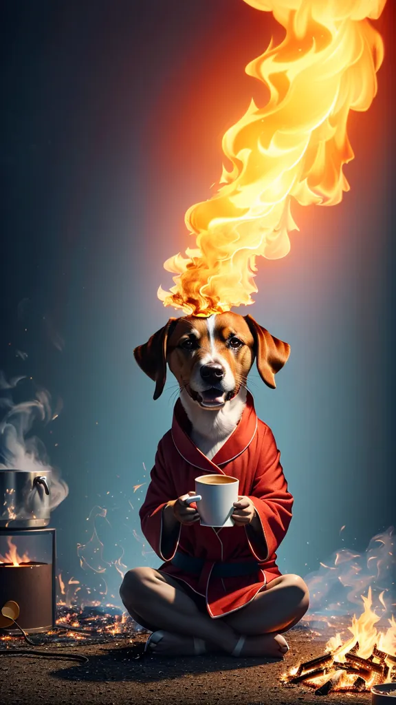 The image shows a dog wearing a red bathrobe and sitting cross-legged in front of a campfire. The dog has a serious expression on its face and is holding a coffee cup in its paws. There is a fire burning behind the dog, and a small flame is coming out of the top of the dog's head. The background is dark blue.