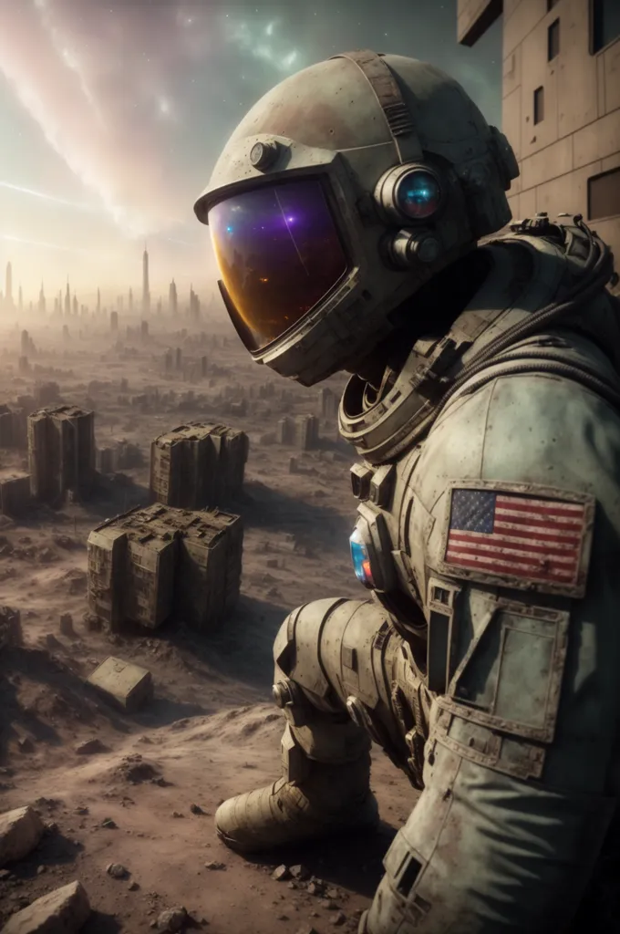 The image shows an astronaut wearing a space helmet with a visor reflecting the scene in front of him. The astronaut is wearing a white spacesuit with the American flag patch on his shoulder. He is kneeling on a rocky surface with his right knee on the ground. In the background, there is a ruined city with tall buildings and a large tower in the distance. The sky is orange and there are clouds in the sky.