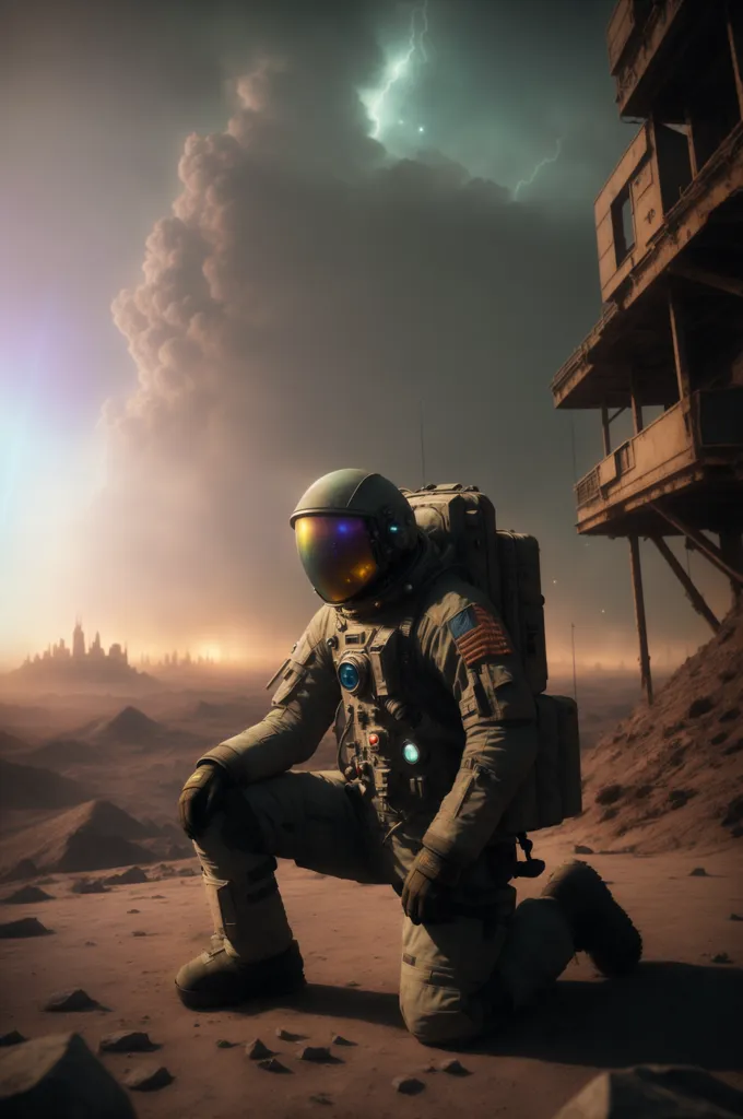 The image shows an astronaut kneeling on a rocky surface. The astronaut is wearing a spacesuit with a helmet and a backpack. The helmet is reflecting the light from the sky. The astronaut is looking at a ruined building in the distance. There are clouds and a storm in the sky.