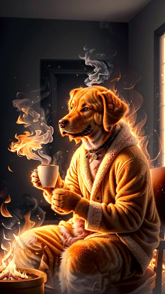 The image shows a golden retriever dog wearing a bathrobe sitting in a chair in front of a fireplace. The dog has a cup of coffee in its paw and is looking at the fire. The dog's fur is on fire, but it doesn't seem to be bothered by it. The flames are orange and yellow, and they are licking up the dog's fur. The background of the image is dark, but the light from the fire is illuminating the dog and the chair. The dog's expression is one of contentment.