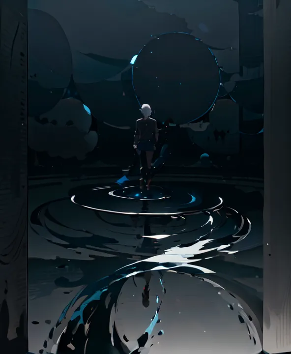 The image is a dark and mysterious place. There is a figure of a person standing in the middle of a large, dark room. The room is filled with strange, glowing objects. The person is wearing a long, black coat and has short, white hair. They are looking at a large, glowing orb in front of them. The orb is surrounded by a dark liquid. The person reaches out and touches the orb. Suddenly, the orb starts to glow brighter and brighter. The person is enveloped in the light and disappears.