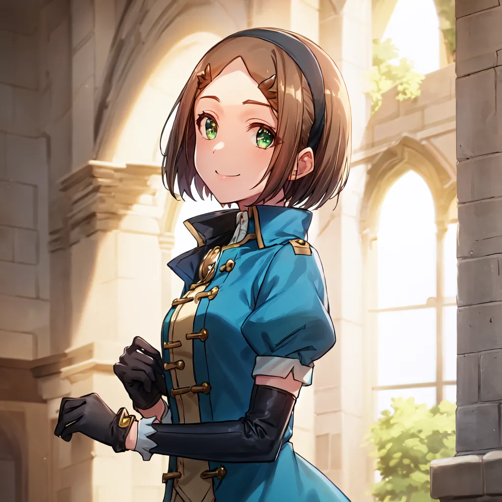 The image is a portrait of a young woman with brown hair and green eyes. She is wearing a blue military-style outfit with gold buttons and black gloves. She has a brown headband and a confident smile on her face. She is standing in a hallway with stone walls and large windows.