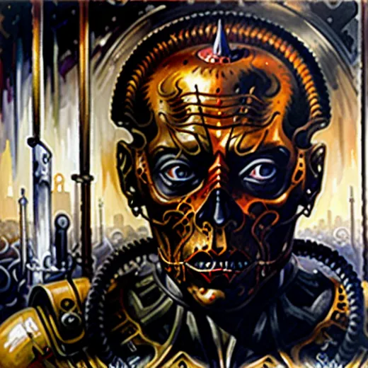 This is an image of a person with a metallic mask covering their face. The mask has intricate golden engravings and a sharp spike protruding from the top of their head. The person's eyes are visible through the mask, and they have a look of determination on their face. They are wearing a dark-colored outfit with metallic shoulder pads. The background of the image is a blur of dark colors, with a few bright lights shining through.