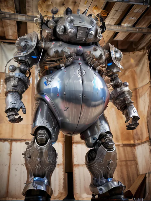 The image shows a large, steampunk-style robot. It is made of metal and has a round, pot-bellied body. The robot has a large head with a single, cyclopean eye. It is wearing a metal helmet with a pair of horns. The robot's arms and legs are long and thin, and it has a pair of large, metal claws for hands. The robot is standing in a large, open room. There are a number of wooden crates and barrels in the background.