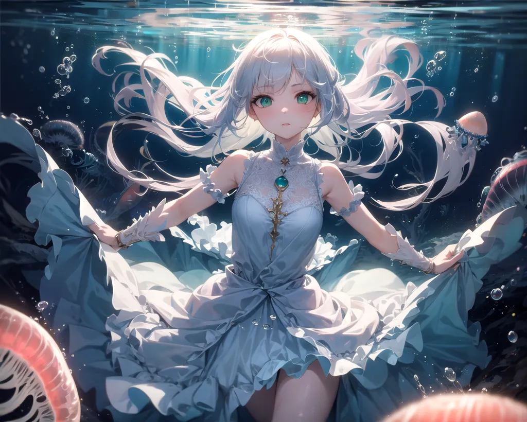 The image is a painting of a girl with long white hair and green eyes. She is wearing a white dress and is swimming underwater. The water is clear and blue, and you can see the sunlight shining through it. The girl is surrounded by jellyfish and other sea creatures. She has a serene expression on her face, and it looks like she is enjoying swimming in the ocean.