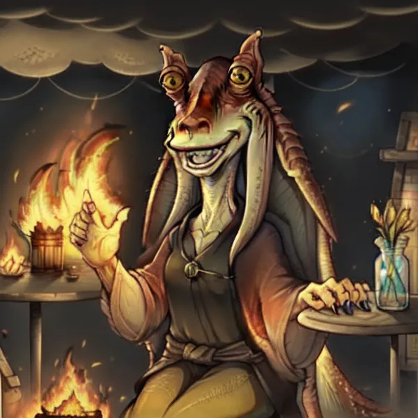 This is an image of a female Gungan. She is sitting on a chair in a dark room. There is a fire burning in the background. She is wearing a brown robe and has a yellow flower in her hair. She is smiling and has her right hand raised.