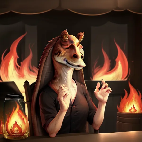 This image shows a female Gungan. She is sitting in a dark room, with flames flickering behind her. She is wearing a black vest, and has her hands clasped in front of her. She has a sly expression on her face, and it looks like she is about to tell a story.