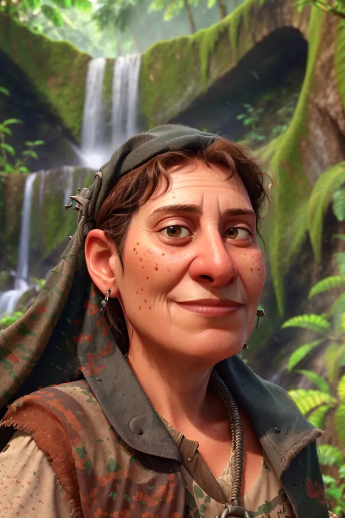 The image shows a woman in her 40s with brown hair and green eyes. She is wearing a green and brown headscarf and a brown vest. She has a friendly smile on her face and is looking at the camera. She is standing in front of a waterfall in the jungle.