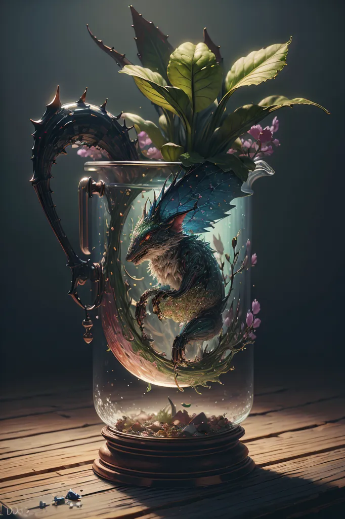 The image is a digital painting of a glass jar terrarium with a dragon inside. The dragon is green and blue with a long, serpentine body and a pair of wings. It is curled up in the terrarium, surrounded by lush green plants. The terrarium is made of glass and has a metal lid. It is sitting on a wooden table. The background is a dark, neutral color.