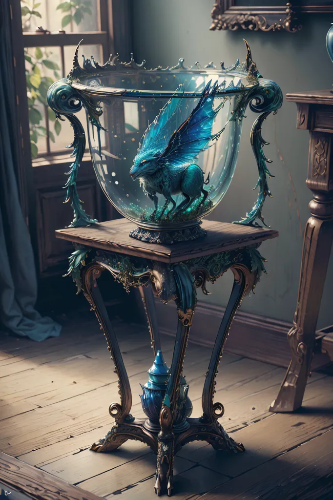 The image is a 3D rendering of a blue dragon in a glass bowl. The bowl is sitting on a wooden table. The dragon is sitting on a rock in the bowl. The dragon has blue scales and blue wings. The bowl is filled with water. The table is made of wood and has four legs. The legs of the table are carved with intricate designs. There is a window in the background of the image. The window is covered in vines. There is a vase on the table next to the bowl. The vase is made of glass and is filled with flowers.