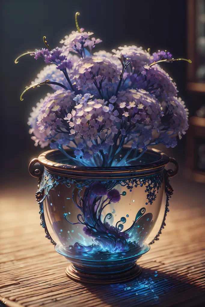 L'image est une magnifique peinture numérique d'un vase de fleurs. Le vase est en verre et rempli d'eau. Les fleurs sont violettes et blanches, et elles sont disposées de manière très naturelle. Le vase est posé sur une table en bois. L'arrière-plan est sombre et flou. La peinture est très réaliste et les couleurs sont très vives. L'image est remplie de lumière et de vie.