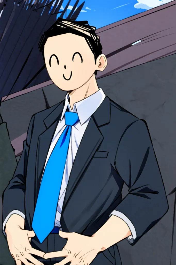 This is an image of a man in a suit and tie. He has a smiley face on his head instead of a real face. He is standing in front of a blue background. He is wearing a dark suit jacket with a white dress shirt and blue tie. He has his hands clasped in front of him.