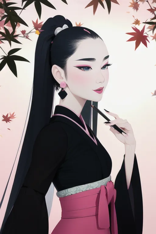 The picture shows a beautiful Japanese woman in a traditional kimono. She has long black hair, red eyeshadow, and pink lipstick. She is holding a writing brush in her right hand. There are some red and pink leaves in the background.