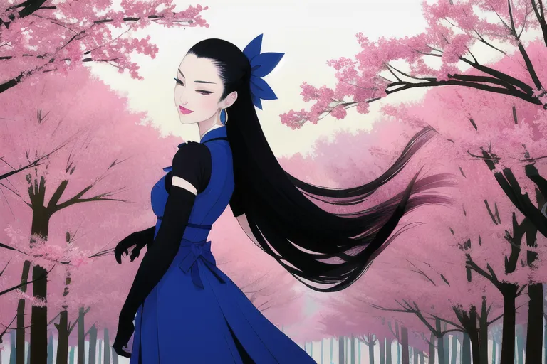 The picture shows a young woman in a blue dress with long black hair fluttering in the wind. On her head is a blue flower. The background is a pink cherry blossom. The girl is turned to the side and is looking at the