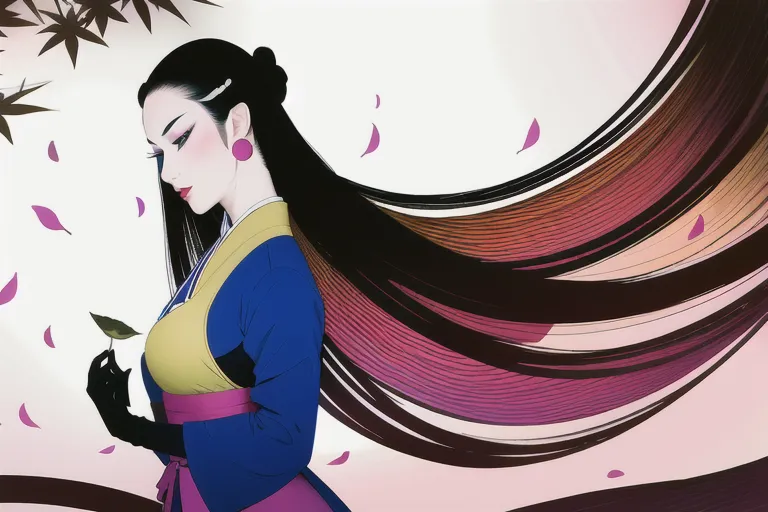 La imagen muestra a una hermosa mujer asiática con el cabello negro y largo. Ella está usando un vestido tradicional chino llamado hanfu. El vestido es de color azul con acentos amarillos y rosados. La mujer está de pie frente a un fondo blanco, y hay algunos pétalos de flores rosadas y moradas cayendo a su alrededor. La expresión de la mujer es serena y parece estar disfrutando del momento.