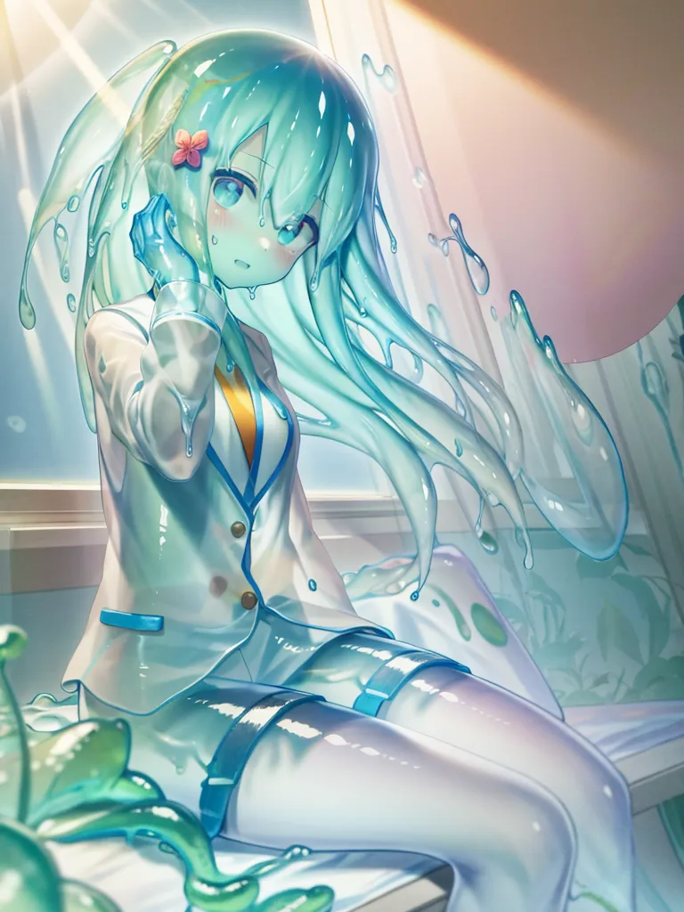 The image is of a blue-haired anime girl with aqua eyes. She is wearing a white blazer and a blue skirt. The girl is sitting on a bed, and her hair is flowing around her in a liquid-like manner. She has a flower hairpin in her hair. The girl's expression is shy and embarrassed.