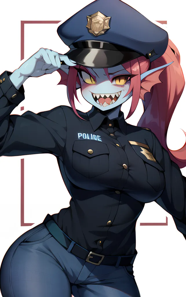 The image depicts a tall, slender woman with light pink skin, mid-back length pink hair, yellow eyes, and sharp teeth. She is wearing a police uniform consisting of a black hat with a gold badge, a black short-sleeved shirt with a "POLICE" patch on the left sleeve, and black pants with a belt. She has a confident expression on her face and is saluting with her right hand while the left one is on her hip.