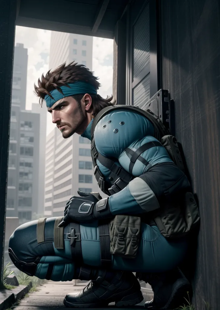 The image shows a man wearing a blue and black sneaking suit with a blue headband. He is crouching in a doorway, with his left hand on his knee and his right hand resting on his thigh. He is looking to the left with a serious expression on his face. He has a gun on his right leg and a backpack on his back. The background is a blurred cityscape.