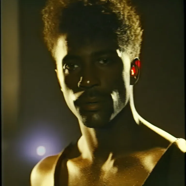 The image is a portrait of a young man with dark skin and short curly hair. He is wearing a white tank top and has a serious expression on his face. The background is dark and out of focus. The man's eyes are dark brown and his lips are slightly parted. He has a small mole on his right cheek. The image is taken from a low angle, making the man appear taller and more imposing. The overall tone of the image is mysterious and somewhat intense.