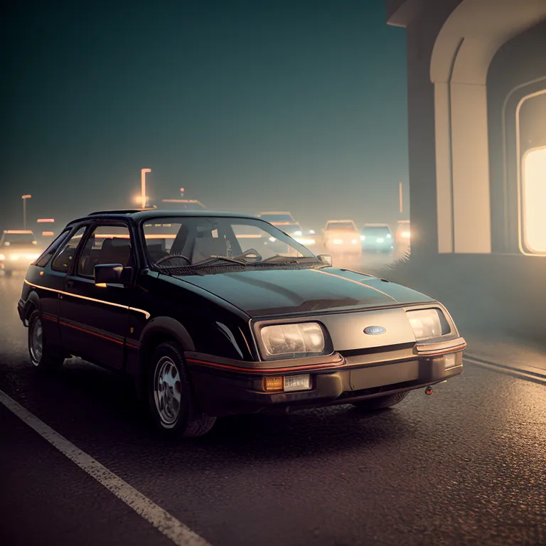 L'image montre une voiture Ford Sierra XR4i bleu foncé, garée dans une rue de ville la nuit. La voiture fait face au spectateur et se trouve au premier plan de l'image. L'arrière-plan de l'image est flou et contient les lumières d'autres voitures dans la rue. La voiture est noire et a une bande blanche sur le côté. La voiture est également garée à côté d'un trottoir.