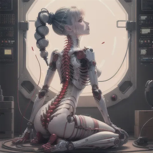 This is an image of a female cyborg. She is sitting in a room with a large window. The room is full of machinery. The cyborg is wearing a white bodysuit with a red spine. She has long white hair and red eyes. She is looking at the window. The window is showing a futuristic city.