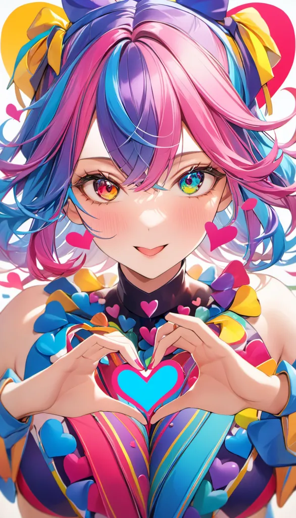 An anime girl with pink and blue hair is making a heart shape with her hands. She has a bright smile on her face and her eyes are sparkling. She is wearing a colorful outfit and has a heart-shaped ahoge on her head. The background is white with colorful hearts floating around.