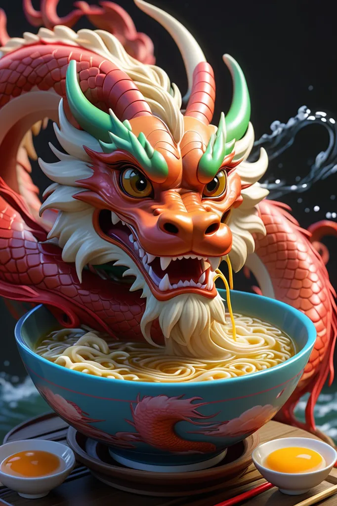 A red and green dragon is eating a bowl of noodles. The dragon is sitting on a table and the bowl is in front of him. The dragon has its chopsticks in the bowl and is slurping up the noodles. The dragon is enjoying his meal and has a big smile on his face.