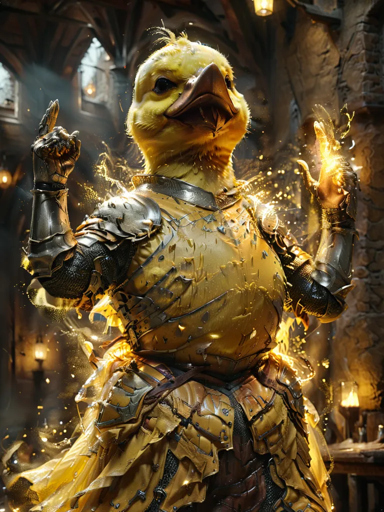 The image depicts a anthropomorphic duck wearing intricately detailed golden armor. It appears to be in some sort of medieval setting, surrounded by stone walls and archways. The duck is standing in a confident pose, its wings outstretched as if it is ready to attack. Its eyes are glowing with a fierce determination. The overall tone of the image is one of strength and power.