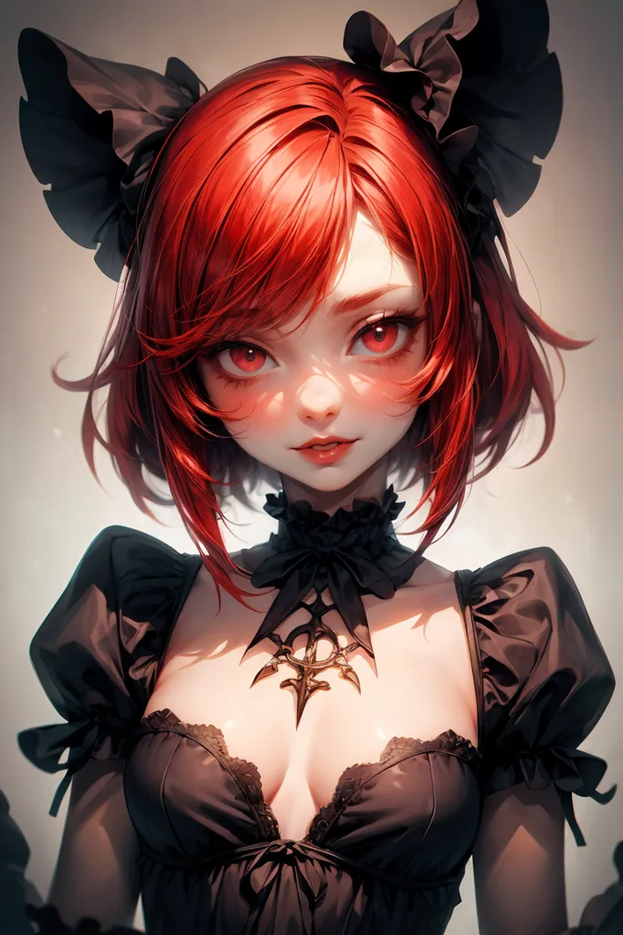 This is an image of a beautiful anime girl with long red hair and red eyes. She is wearing a black gothic dress with a white lace collar. The dress has a sweetheart neckline and is trimmed with black bows. She is also wearing a black choker with a silver pendant. Her hair is styled in a hime cut with bangs and she has a small ahoge on the top of her head. Her eyes are red and she has long, black eyelashes. She is looking at the viewer with a slightly smug expression.