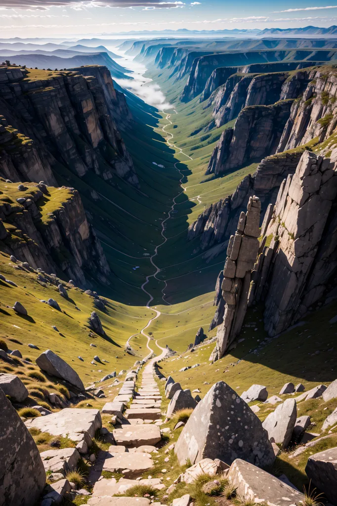 The image shows a long and narrow valley between two high mountains. The valley is covered in lush green grass and there is a small river running through the middle of it. There is a stone path that runs along the side of the valley, and there are large boulders scattered throughout the area. The sky is blue and there are some clouds in the distance.