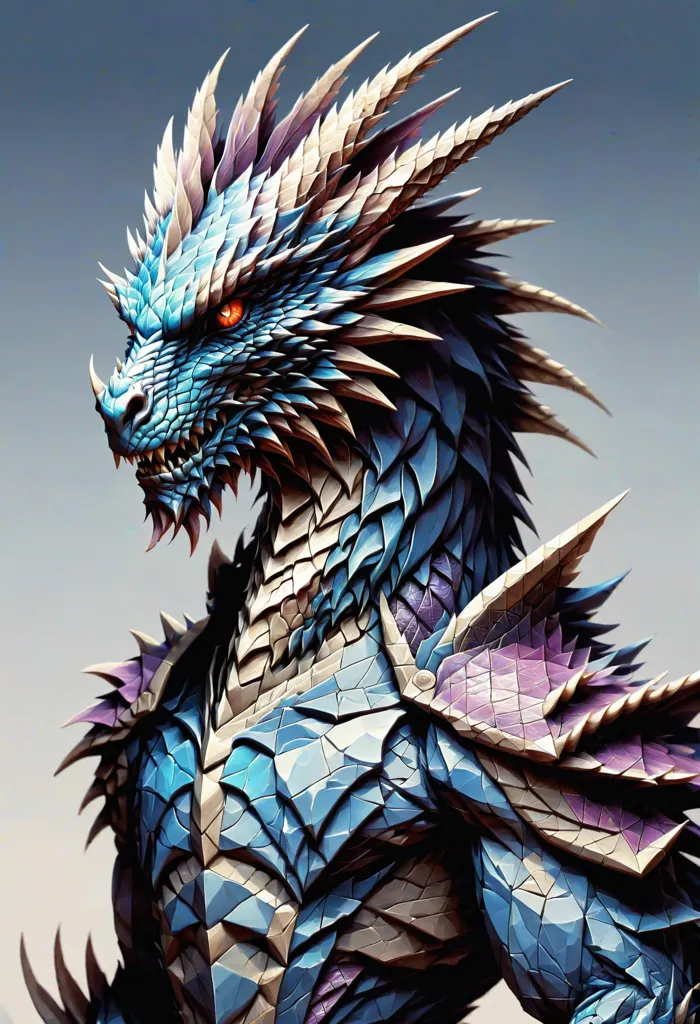 The dragon is a fearsome creature with blue and silver scales. It has a long, serpentine body and a pair of powerful wings. Its head is adorned with a crest of sharp spikes and its eyes are a deep, piercing blue. The dragon's claws are long and sharp and its teeth are鋒利的.