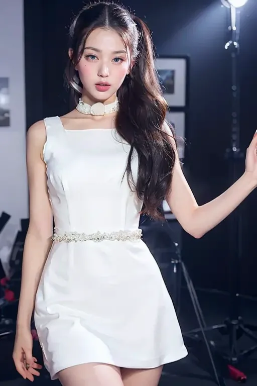 The image shows a young woman with long dark hair styled in a high ponytail. She is wearing a white dress with a square neckline and a pearl-beaded belt. The dress is fitted to the waist and then flares out into a full skirt. She is also wearing a pearl necklace and a bracelet on her right wrist. Her makeup is natural with a light pink blush and a glossy lip. She is standing in front of a dark background with a spotlight shining on her.