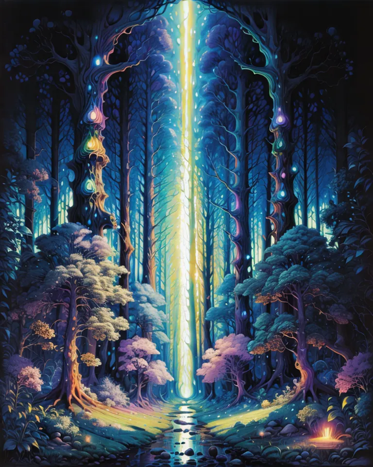 The image is a digital painting of a forest. The forest is made up of tall, slender trees with long, flowing branches. The trees are covered in leaves of various shades of green, purple, and blue. The ground is covered in a thick layer of moss, and there are several small streams running through the forest. In the distance, there is a large waterfall, and the sky is a deep blue color. There is a bright light coming down from the sky, and it is illuminating the forest.