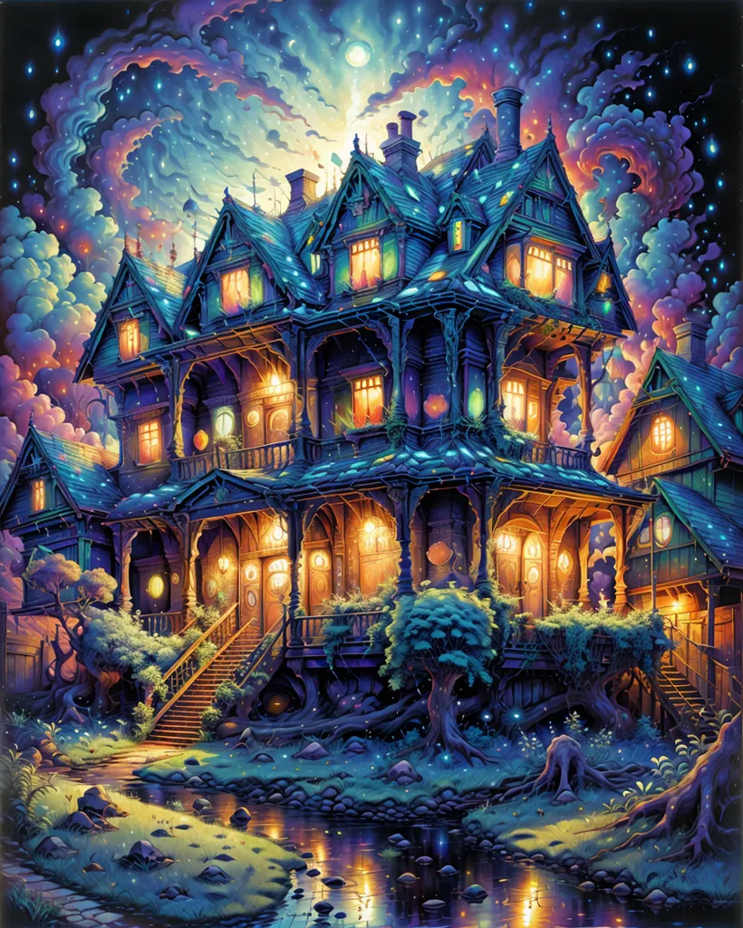 The image is a painting of a large, haunted house. The house seems to be situated in a forest and has a dark, mysterious atmosphere. The sky is dark and cloudy, and the trees are bare. The house is surrounded by a moat, and there is a long, winding path leading up to the front door. The house is in disrepair, with broken windows and boarded-up doors. The painting is done in a realistic style, and the artist has used dark colors to create a sense of foreboding.