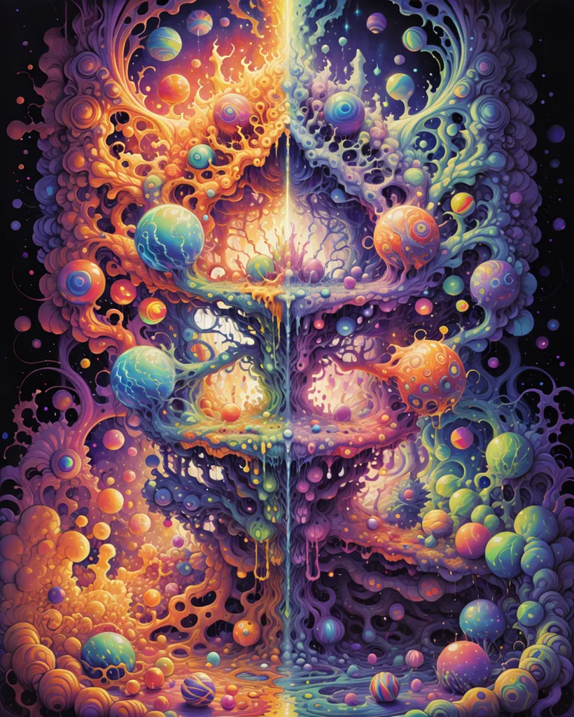 The image is a surreal and psychedelic depiction of a tree. The tree is made up of vibrant colors and strange shapes, and it is surrounded by a sea of colorful orbs. The tree has a large, gaping mouth at the top, and it is surrounded by strange, otherworldly creatures. The image is full of movement and energy, and it seems to be bursting with life.