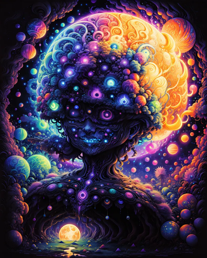 The image is a colorful and psychedelic depiction of a person with a tree-like head. The person is standing in front of a large moon, and there are many planets and stars in the background. The person's head is made up of a variety of different shapes and colors, and there are many eyes and mouths on the face. The person is also surrounded by a variety of different plants and animals. The image is very detailed and there are many different things to look at.