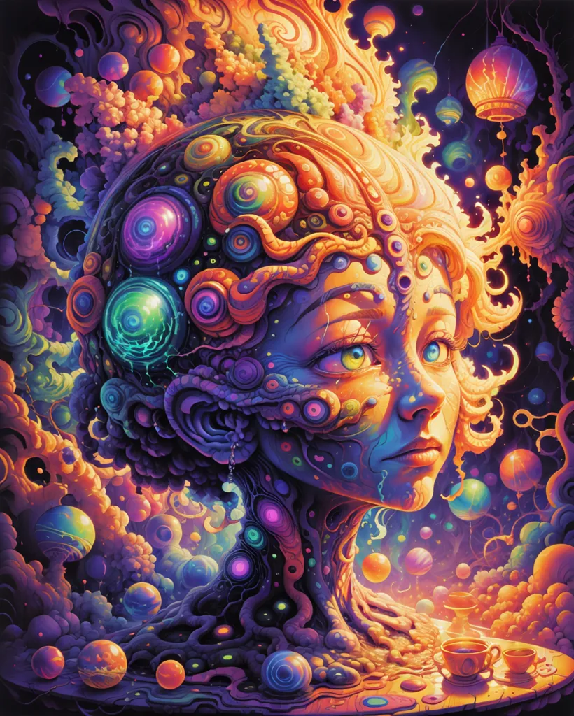 The image is a depiction of a woman's face. The face is surrounded by a colorful and psychedelic background. The woman's face is serene and beautiful. Her eyes are closed and she has a slight smile on her lips. The image is full of vibrant colors and swirling patterns. The colors are mostly purples, blues, and greens. The patterns are intricate and detailed. The image is very trippy and psychedelic. It is reminiscent of the artwork of Alex Grey and Ernst Fuchs.