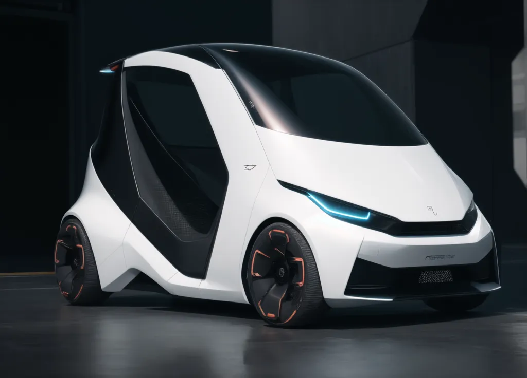 The image shows a futuristic-looking white car. It has a sleek design with a curved roof and a large windshield. The car is also very small, making it perfect for city driving. The car has black wheels with orange highlights, and blue headlights. The car is also very aerodynamic, which helps it to be more efficient.