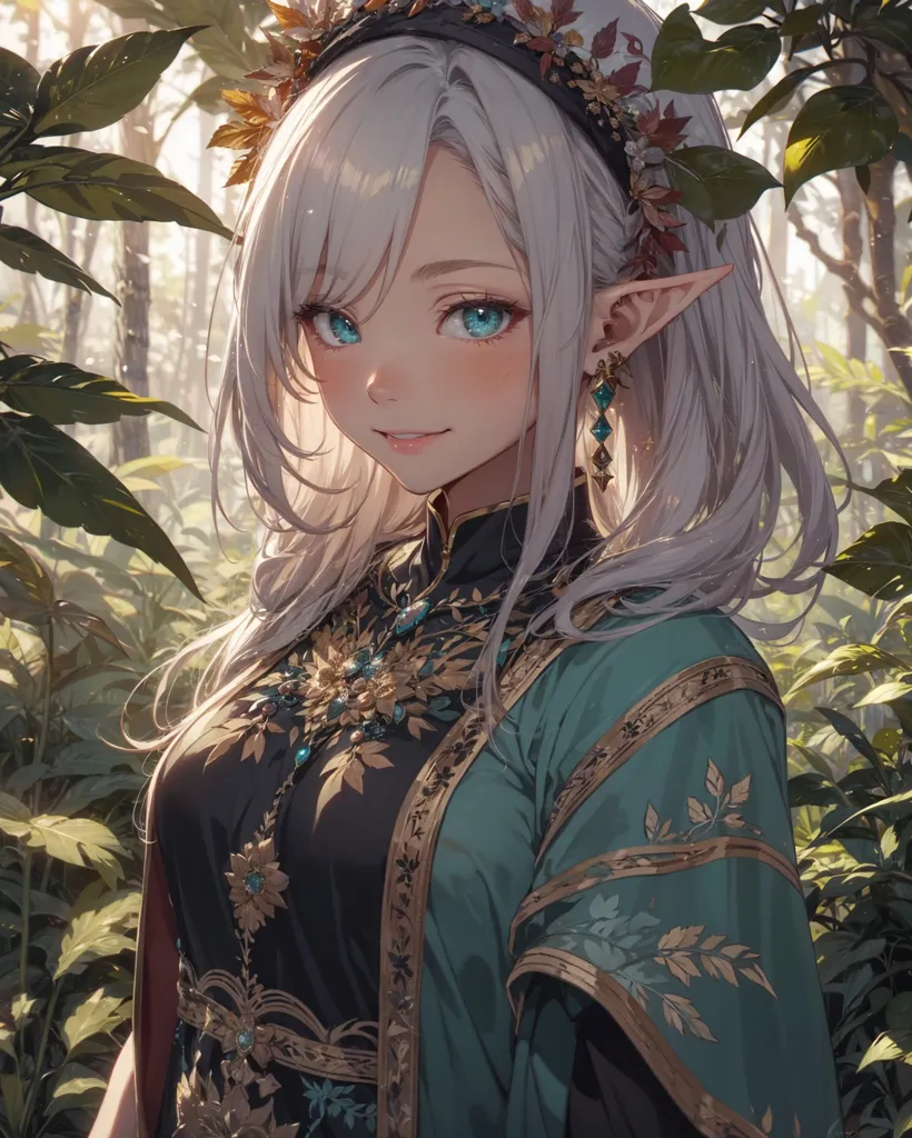 The image is a portrait of a beautiful elf woman with long white hair and blue eyes. She is wearing a green dress with gold and brown patterns and a gold and brown headband with leaves sticking out. She has a gentle smile on her face and is looking at the viewer. She has long pointed ears and is standing in a forest, surrounded by green leaves.
