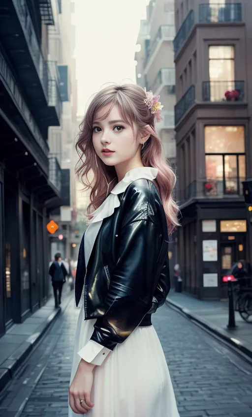 The image is of a young woman, with long pink hair, wearing a white dress and a black leather jacket, standing on a city street. The street is lined with buildings and there are people walking in the background. The woman is looking to the left of the frame and has a flower in her hair.