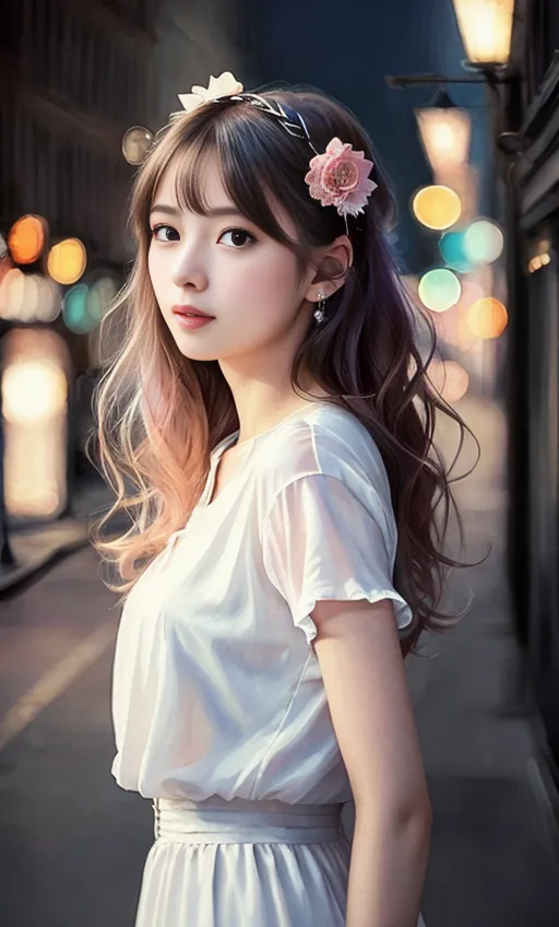 The image shows a young woman with long, wavy brown hair. She is wearing a white dress with a sweetheart neckline and a pink flower in her hair. She is standing in a street with blurred city lights in the background. The woman is looking at the camera with a slightly tersenyum smile on her face.