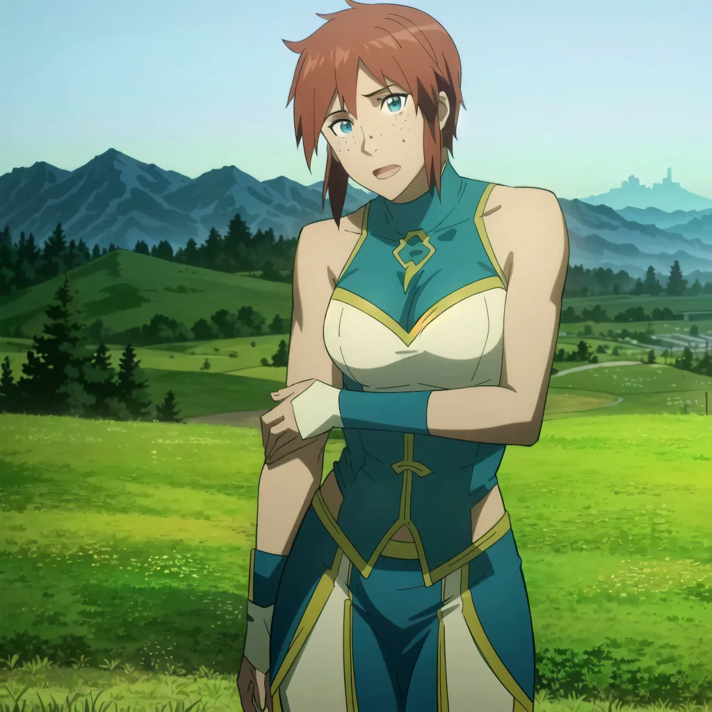 This image shows an anime-style illustration of a young woman standing in a grassy field. She has red hair and green eyes, and she is wearing a blue and white outfit. She has a bandage on her arm, and she looks like she is in pain. In the background, there are mountains covered with trees.